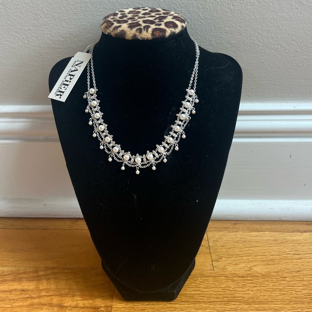 Napier Vintage Silver Necklace with Crystal and Pearl Details Brand New w/Tags